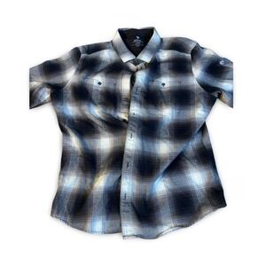 KUHL Plaid Long Sleeve Button Up Shirt Men's Large Brown Blue Outdoor Work